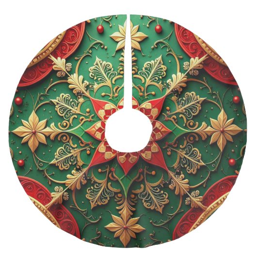 Red Gold Green Decorative Tree Skirt ブラッシュドポリエステルツリースカート (正面)