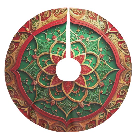 Red Gold Green Decorative Tree Skirt ブラッシュドポリエステルツリースカート (正面)