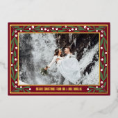Red Gold Green Mistoetoe Frame Merry Christmas 箔シーズンカード (正面)