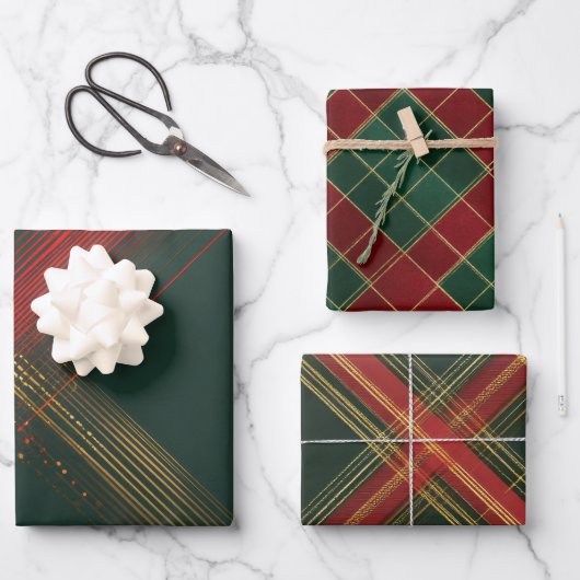 Red Gold Green Wrapping Paper Flat Sheet Set of 3 ラッピングペーパーシート (正面)