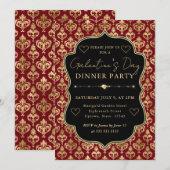 Red & Gold Heart Damask Galentine's Dinner Party 招待状 (正面/裏面)