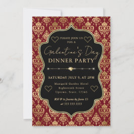 Red & Gold Heart Damask Galentine's Dinner Party 招待状