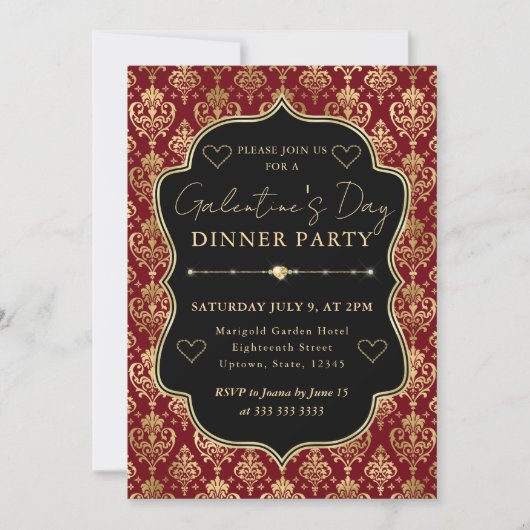 Red & Gold Heart Damask Galentine's Dinner Party 招待状 (正面)