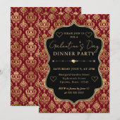 Red & Gold Heart Damask Galentine's Dinner Party 招待状 (正面/裏面)
