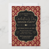 Red & Gold Heart Damask Galentine's Dinner Party 招待状 (正面)