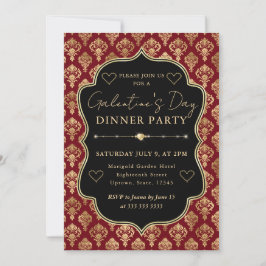 Red & Gold Heart Damask Galentine's Dinner Party 招待状