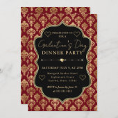 Red & Gold Heart Damask Galentine's Dinner Party 招待状 (正面/裏面)
