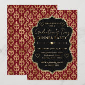 Red & Gold Heart Damask Galentine's Dinner Party 招待状 (正面/裏面)