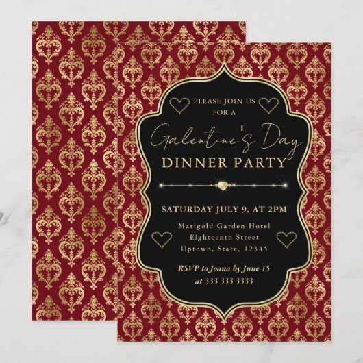 Red & Gold Heart Damask Galentine's Dinner Party 招待状 (正面/裏面)