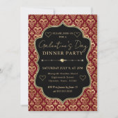 Red & Gold Heart Damask Galentine's Dinner Party 招待状 (正面)