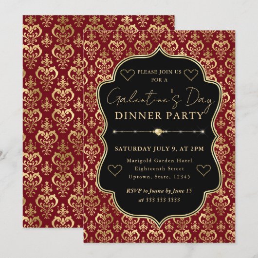 Red & Gold Heart Damask Galentine's Dinner Party 招待状 (正面/裏面)