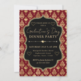 Red & Gold Heart Damask Galentine's Dinner Party 招待状