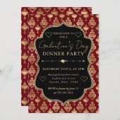 Red & Gold Heart Damask Galentine's Dinner Party 招待状 (正面/裏面)