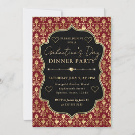 Red & Gold Heart Damask Galentine's Dinner Party 招待状
