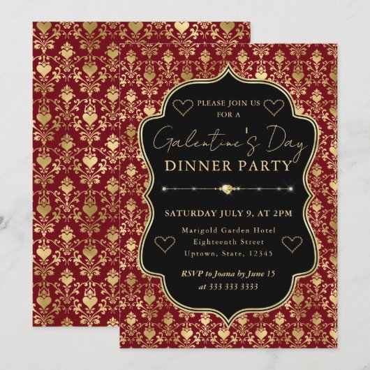 Red & Gold Heart Damask Galentine's Dinner Party 招待状 (正面/裏面)