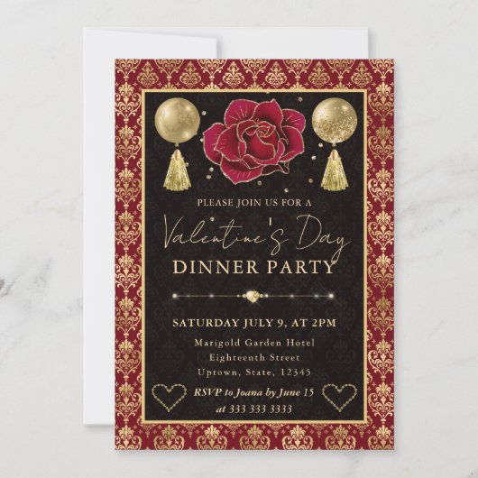 Red & Gold Heart Damask & Rose Valentine's Dinner 招待状 (正面)
