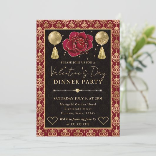 Red & Gold Heart Damask & Rose Valentine's Dinner 招待状 (スタンド正面)