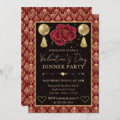 Red & Gold Heart Damask & Rose Valentine's Dinner 招待状 (正面/裏面)