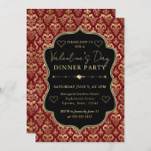 Red & Gold Heart Damask Valentine's Dinner Party 招待状 (正面/裏面)