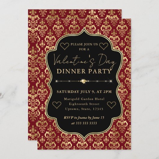 Red & Gold Heart Damask Valentine's Dinner Party 招待状 (正面/裏面)