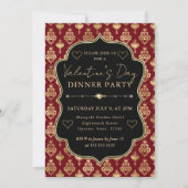 Red & Gold Heart Damask Valentine's Dinner Party 招待状 (正面)