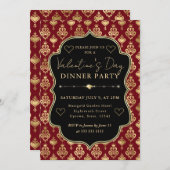Red & Gold Heart Damask Valentine's Dinner Party 招待状 (正面/裏面)