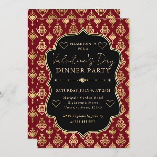 Red & Gold Heart Damask Valentine's Dinner Party 招待状 (正面/裏面)