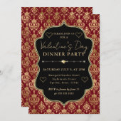 Red & Gold Heart Damask Valentine's Dinner Party 招待状 (正面/裏面)