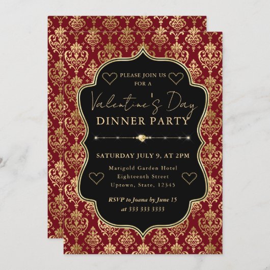 Red & Gold Heart Damask Valentine's Dinner Party 招待状 (正面/裏面)
