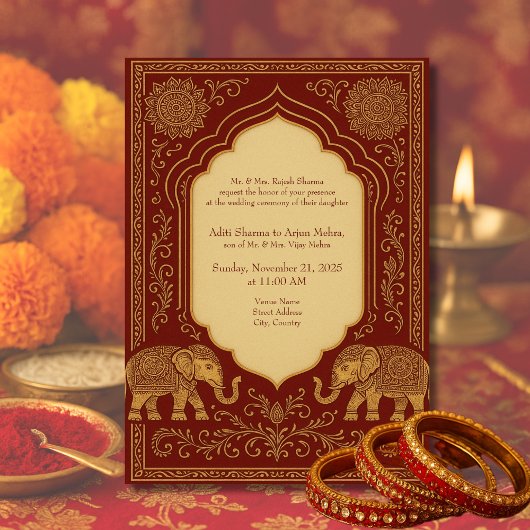 red gold hindu elephant ornate mandala wedding 招待状