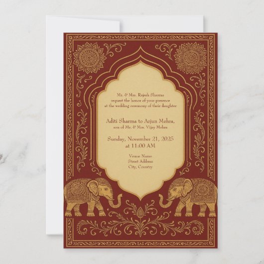 red gold hindu elephant ornate mandala wedding 招待状 (正面)