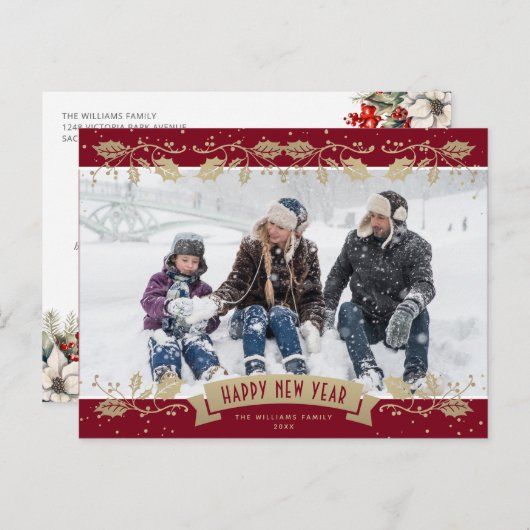Red Gold Holly Berries Photo Happy New Year シーズンポストカード (正面/裏面)