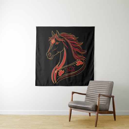 Red & Gold Horse with Lotus, Spiritual Symbolic  タペストリー (インサイチュ)