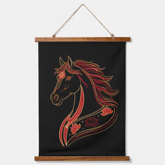 Red & Gold Horse with Lotus, Spiritual Symbolic  吊り下げ型タペストリー (正面)