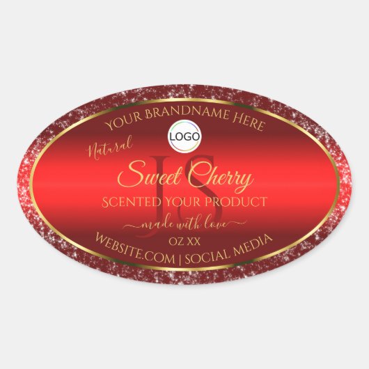Red Gold Logo Initials Glitter Stars Product Label 楕円形シール (正面)