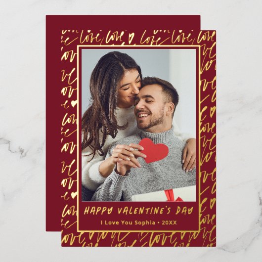 Red & Gold Love Valentines Day Photo 箔シーズンカード (正面/裏面)