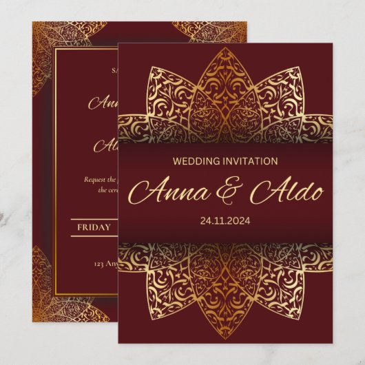 Red gold luxury wedding invitation card 招待状 (正面/裏面)