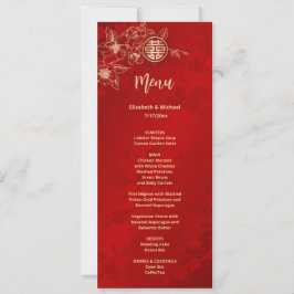 Red Gold Magnolia Chinese Wedding Menu Card 招待状