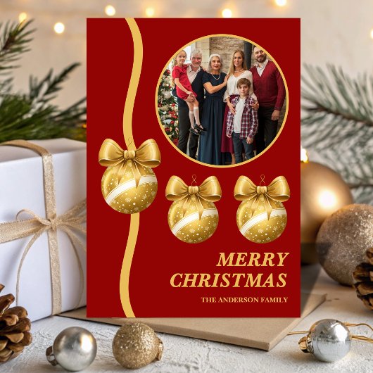 Red & Gold Ornaments Family Christmas Photo シーズンカード