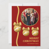 Red & Gold Ornaments Family Christmas Photo シーズンカード (正面)
