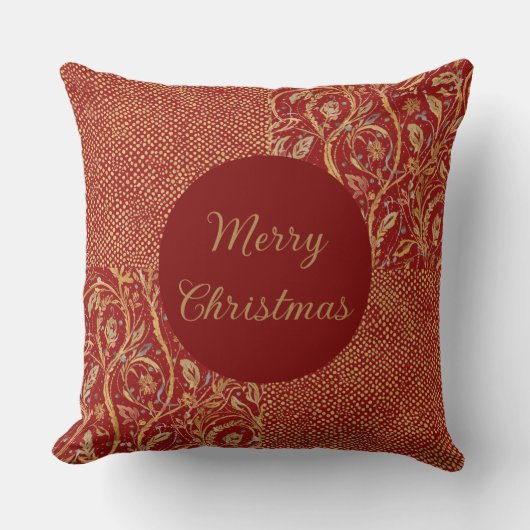 Red Gold Pixels and Flowers, Gold Merry Christmas クッション (正面)