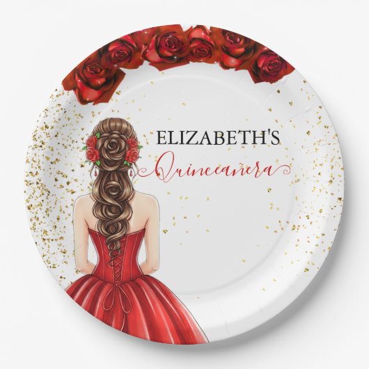 Red & Gold Quinceañera Custom Paper Plate ペーパープレート (正面)