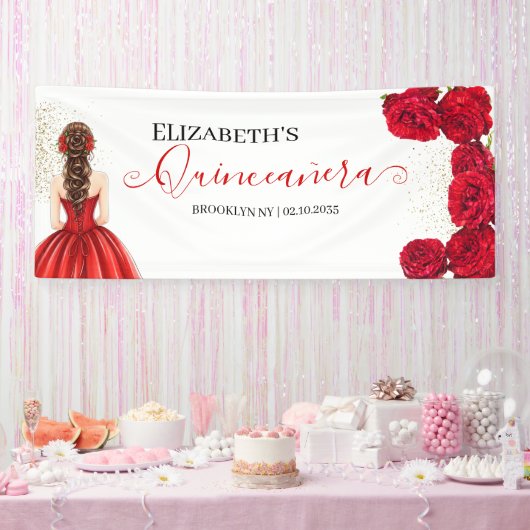 Red & Gold Quinceañera Custom Welcome Banner 横断幕 (パーティー)