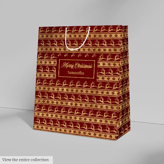 Red Gold Reindeer Luxe Merry Christmas Gift Bag ミディアムペーパーバッグ