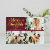 Red & Gold Retro Christmas Family Photo Collage 箔シーズンカード (立ち正面)