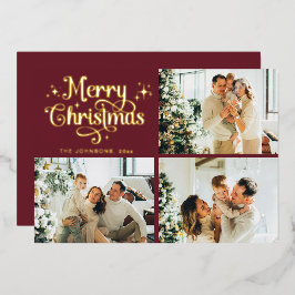 Red & Gold Retro Christmas Family Photo Collage 箔シーズンカード