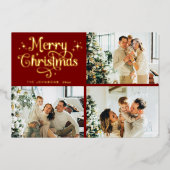 Red & Gold Retro Christmas Family Photo Collage 箔シーズンカード (正面)