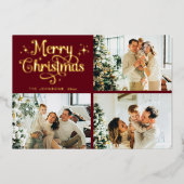 Red & Gold Retro Christmas Family Photo Collage 箔シーズンカード (正面)