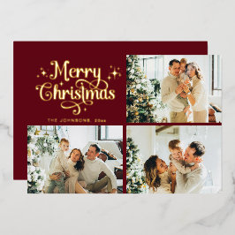 Red & Gold Retro Christmas Family Photo Collage 箔シーズンカード