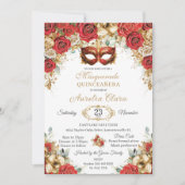 Red Gold Roses Floral Masquerade Ball Quinceanera  招待状 (正面)